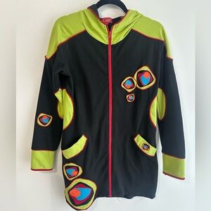 Black and Green Long Zip Up Hoodie with Colorful Accents pop art Indie Boho Lg